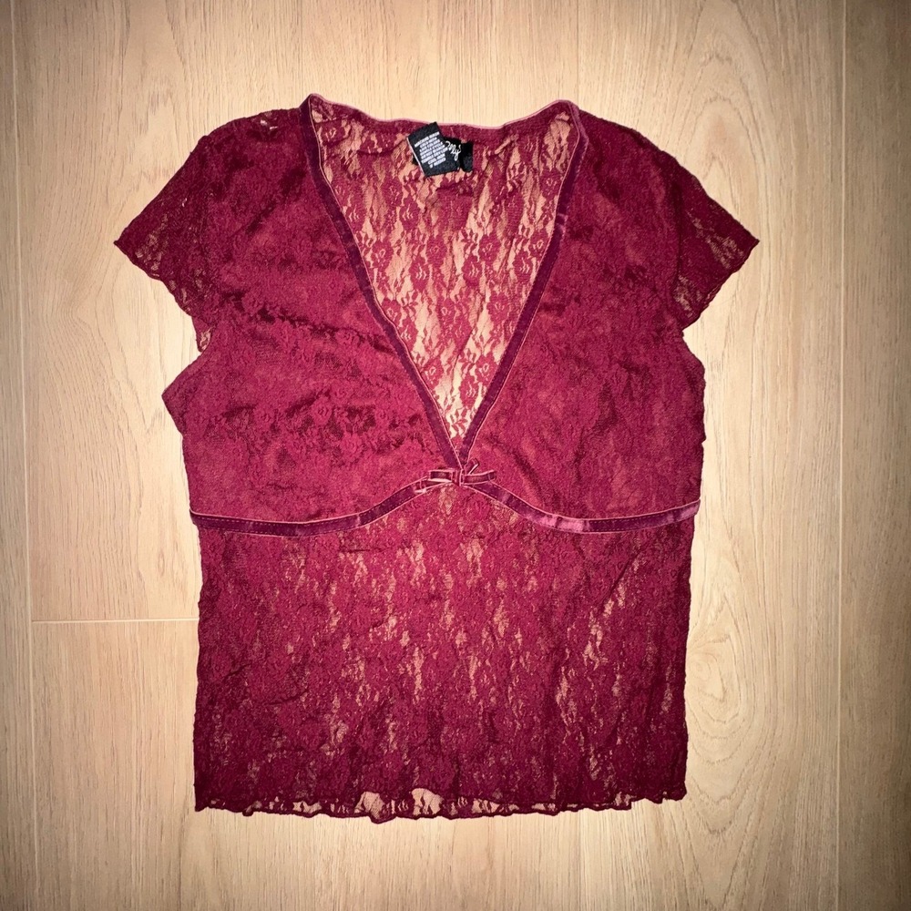 Just Polly Burgundy Lace V-Neck‎ Top Velvet Trim Bow Cap Sleeve Maroon Large